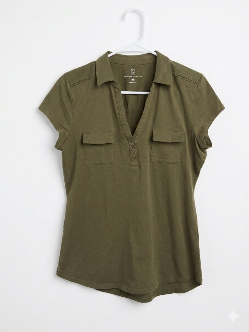 NY&C Olive Green Utility Polo | 100% Cotton Eyelet Trim | Medium